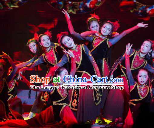 Traditional Chinese Child Xinjiang Uyghur Nationality Dress Ethnic Minority Folk Dance Costume for Kids