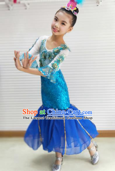 Traditional Chinese Child Dai Nationality Blue Dress Ethnic Minority Folk Dance Costume for Kids