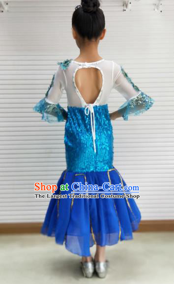 Traditional Chinese Child Dai Nationality Blue Dress Ethnic Minority Folk Dance Costume for Kids