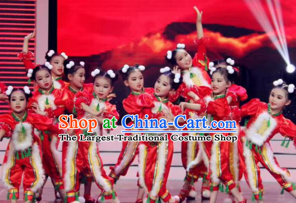 Traditional Chinese Folk Dance Spring Festival Fan Dance Red Clothing Yangko Dance Stage Show Costume for Kids