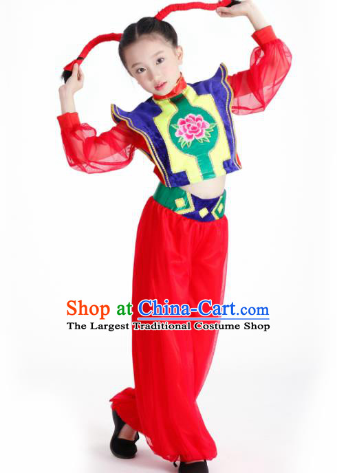 Traditional Chinese Folk Dance New Year Fan Dance Red Clothing Yangko Dance Stage Show Costume for Kids