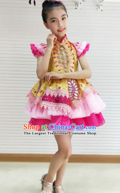 Traditional Chinese Children Opening Dance Pink Short Dress Stage Show Costume for Kids