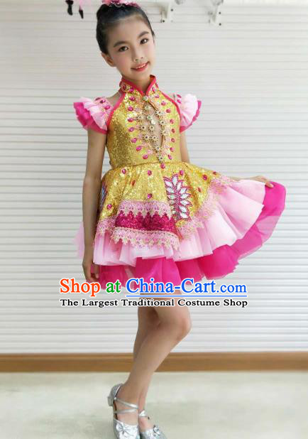 Traditional Chinese Children Opening Dance Pink Short Dress Stage Show Costume for Kids