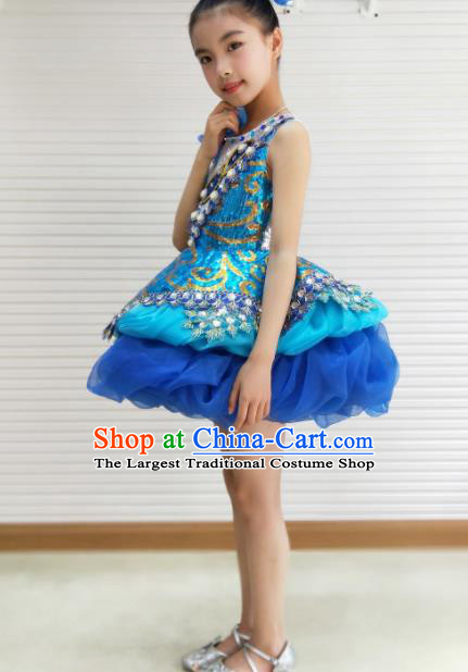 Traditional Chinese Children Opening Dance Royalblue Short Dress Stage Show Costume for Kids