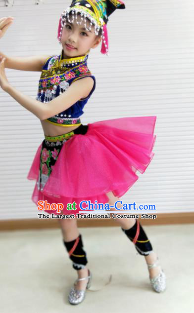 Traditional Chinese Child Yi Nationality Rosy Dress Ethnic Minority Folk Dance Costume for Kids