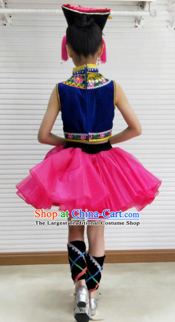 Traditional Chinese Child Yi Nationality Rosy Dress Ethnic Minority Folk Dance Costume for Kids