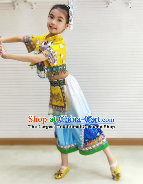 Traditional Chinese Folk Dance Yellow Outfits Spring Festival Fan Dance Yangko Dance Stage Show Costume for Kids