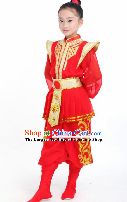 Traditional Chinese Children Classical Dance Hua Mulan Red Clothing Stage Show Costume for Kids