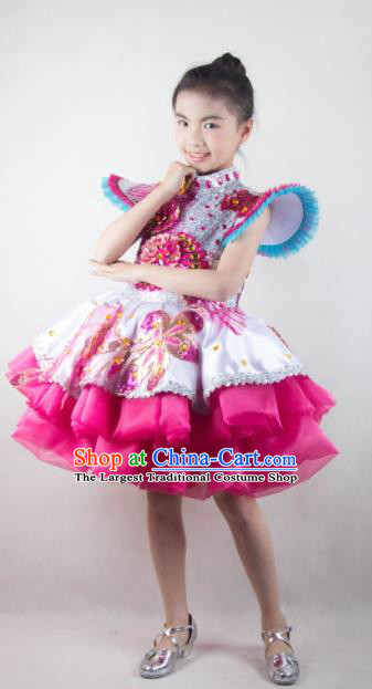 Traditional Chinese Children Classical Dance Rosy Short Dress Stage Show Costume for Kids