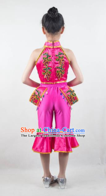 Traditional Chinese Folk Dance Rosy Outfits Spring Festival Fan Dance Yangko Dance Stage Show Costume for Kids