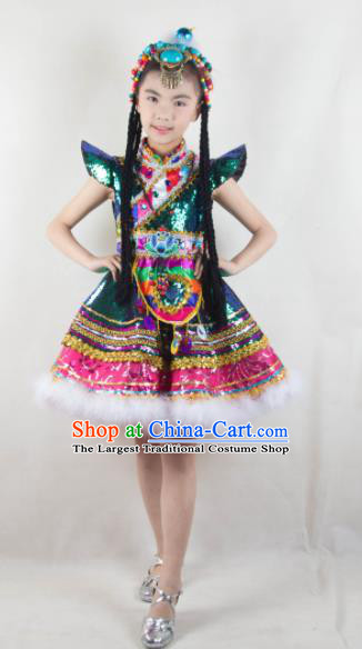 Traditional Chinese Zang Nationality Child Dress Ethnic Minority Folk Dance Costume for Kids