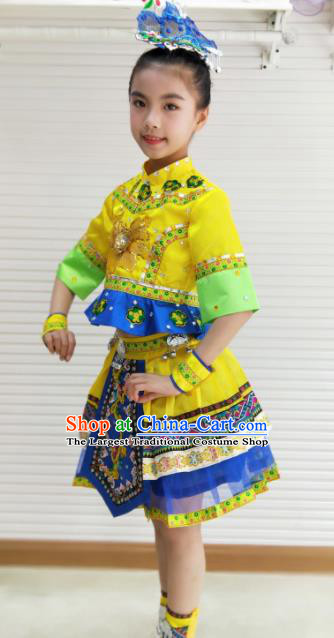 Traditional Chinese She Nationality Child Yellow Dress Ethnic Minority Folk Dance Costume for Kids