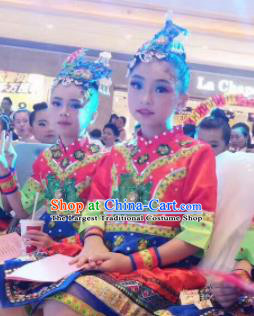 Traditional Chinese Dong Nationality Child Red Dress Ethnic Minority Folk Dance Costume for Kids