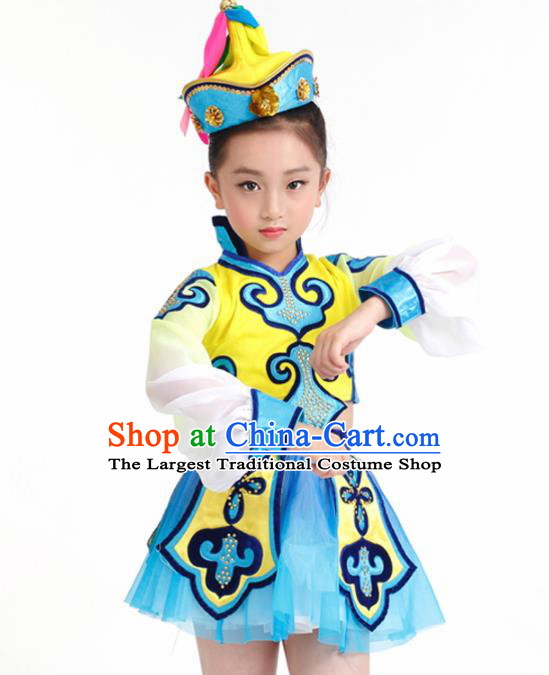 Traditional Chinese Child Mongol Nationality Blue Skirt Ethnic Minority Folk Dance Costume for Kids