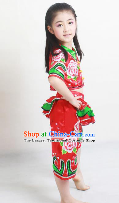 Traditional Chinese Folk Dance Red Satin Outfits Spring Festival Fan Dance Yangko Dance Stage Show Costume for Kids