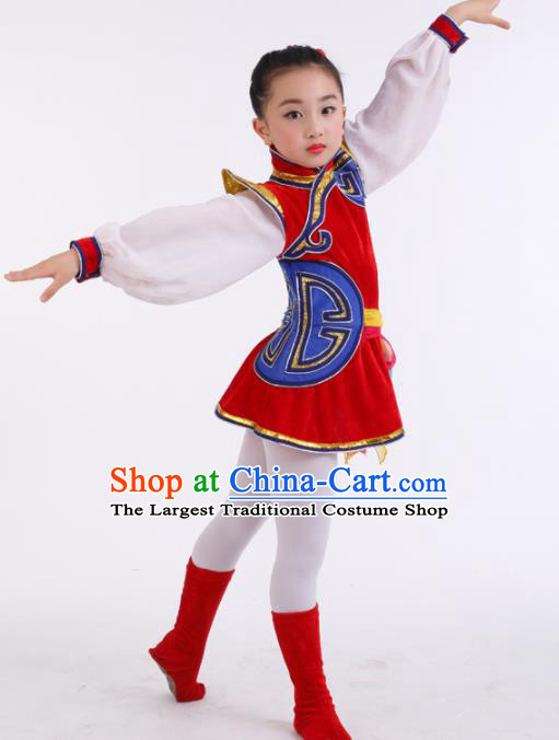 Traditional Chinese Child Mongol Nationality Red Dress Ethnic Minority Folk Dance Costume for Kids