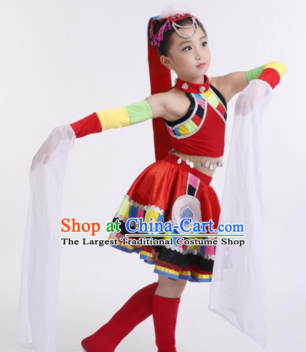 Traditional Chinese Child Zang Nationality Red Dress Ethnic Minority Folk Dance Costume for Kids