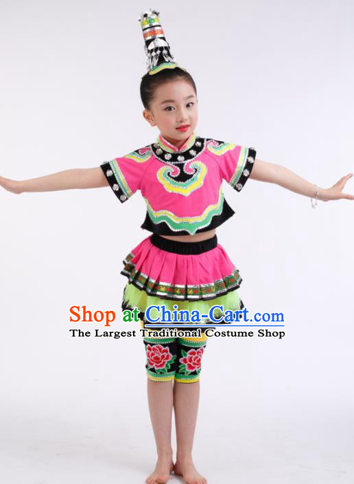 Traditional Chinese Child Tujia Nationality Pink Dress Ethnic Minority Folk Dance Costume for Kids