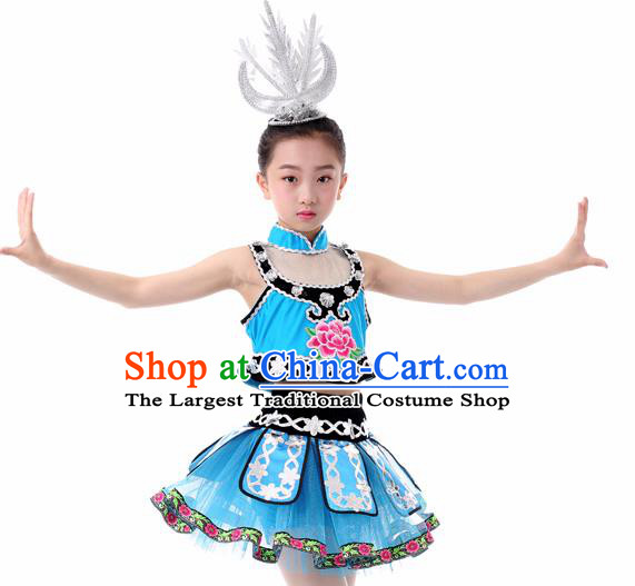 Traditional Chinese Child Miao Nationality Blue Skirt Ethnic Minority Folk Dance Costume for Kids