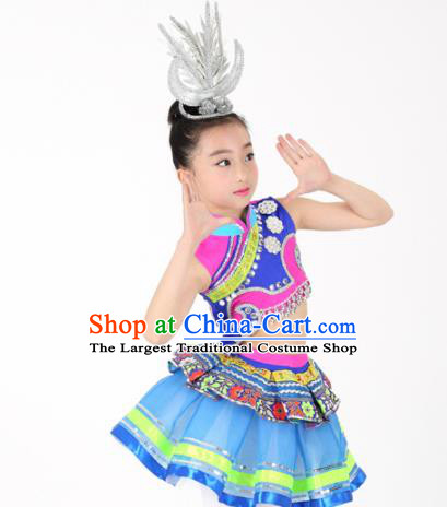 Traditional Chinese Child Yao Nationality Blue Skirt Ethnic Minority Folk Dance Costume for Kids