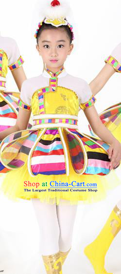 Traditional Chinese Child Tibetan Nationality Yellow Dress Ethnic Minority Folk Dance Costume for Kids