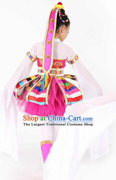 Traditional Chinese Child Tibetan Nationality Rosy Dress Ethnic Minority Folk Dance Costume for Kids