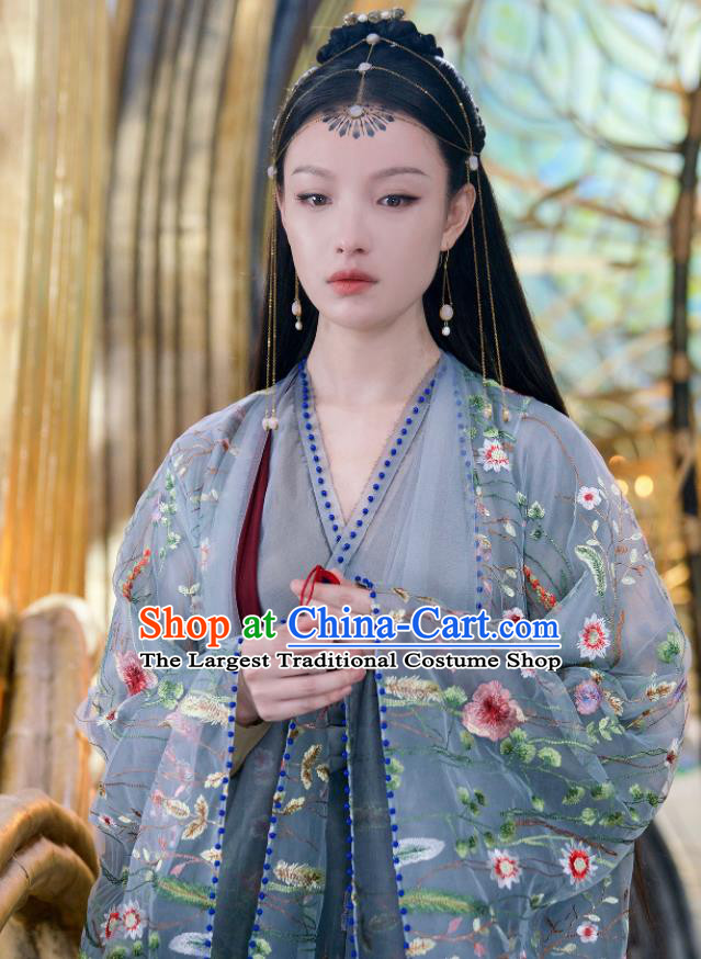 Chinese Ancient Peach Flower Goddess Embroidered Dress Drama Love and Destiny Princess Ling Xi NiNi Costumes and Headpiece for Women