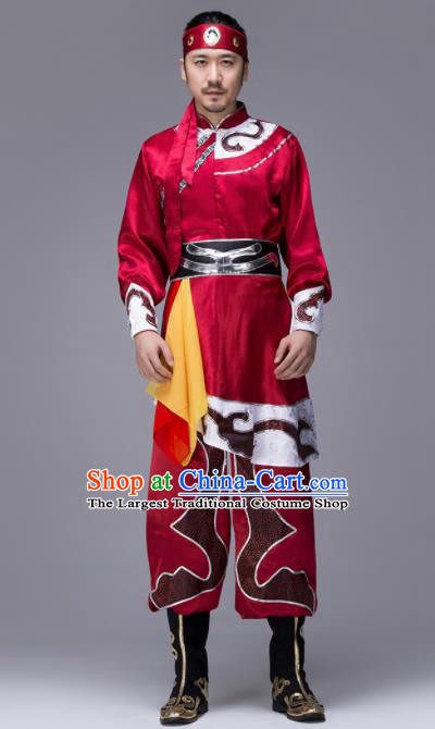 Traditional Chinese Mongol Nationality Red Clothing Ethnic Minority Folk Dance Costume for Men