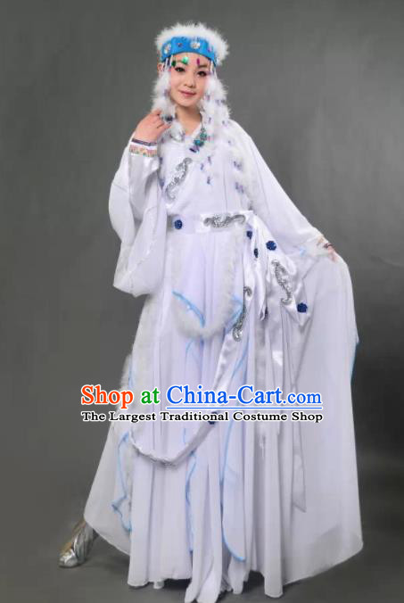 Traditional Chinese Hui Nationality Princess Han Xiang White Dress Ethnic Minority Folk Dance Costume for Women