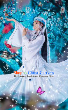 Traditional Chinese Hui Nationality Princess Han Xiang White Dress Ethnic Minority Folk Dance Costume for Women