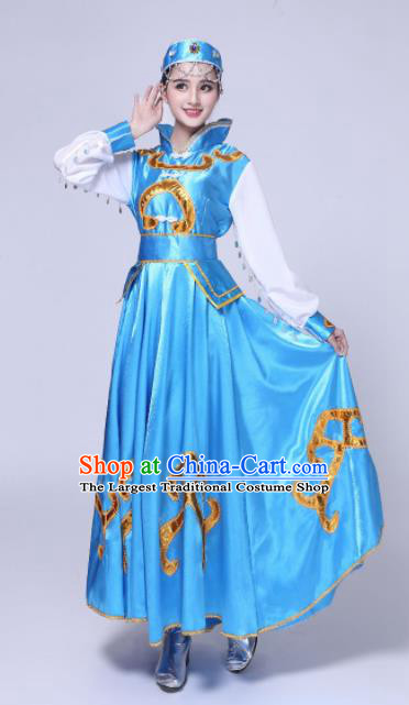 Traditional Chinese Mongol Nationality Princess Blue Dress Ethnic Minority Folk Dance Costume for Women