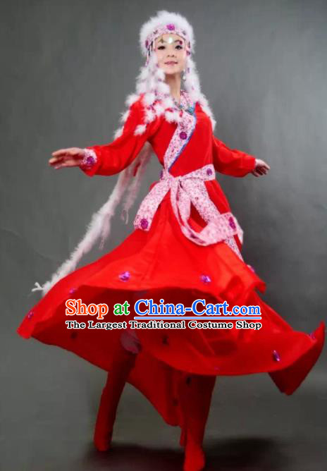 Traditional Chinese Mongol Nationality Princess Red Dress Ethnic Minority Folk Dance Costume for Women