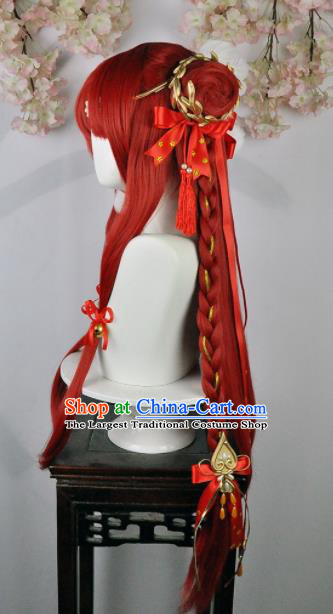 Traditional Chinese Cosplay Fairy Red Wigs Sheath Ancient Female Swordsman Chignon and Hair Accessories for Women