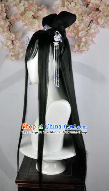 Traditional Chinese Cosplay Goddess Princess Brown Wigs Sheath Ancient Female Swordsman Chignon and Hair Accessories for Women