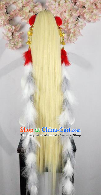 Traditional Chinese Cosplay Fairy Princess Golden Wigs Sheath Ancient Court Lady Chignon and Hair Accessories for Women