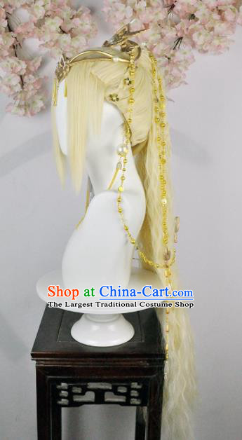 Traditional Chinese Cosplay Female Swordsman Golden Wigs Sheath Ancient Fairy Princess Chignon and Hair Accessories for Women