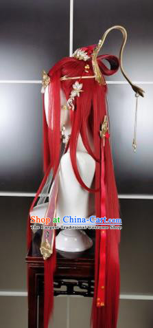Traditional Chinese Cosplay Goddess Female Swordsman Red Wigs Sheath Ancient Princess Chignon and Hair Accessories for Women