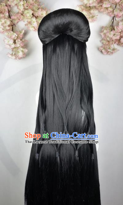 Traditional Chinese Cosplay Female Swordsman Black Wigs Sheath Ancient Princess Chignon for Women
