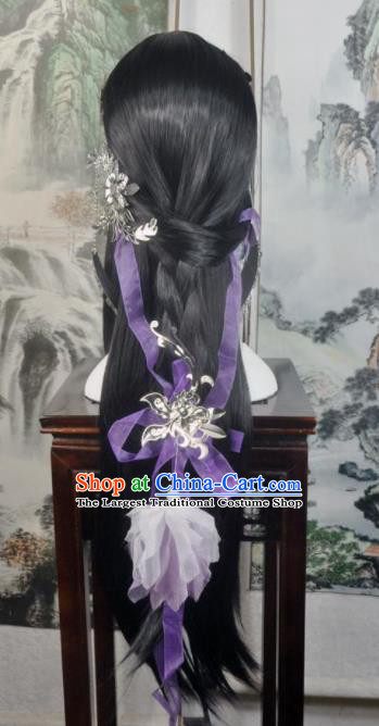 Traditional Chinese Cosplay Flowers Fairy Brown Wigs Sheath Ancient Female Swordsman Princess Chignon for Women