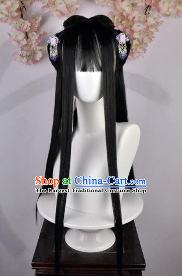 Traditional Chinese Cosplay Flowers Fairy Wigs Sheath Ancient Female Swordsman Princess Chignon for Women