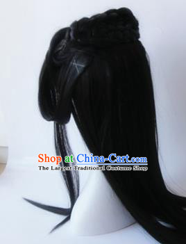 Traditional Chinese Cosplay Princess Shi Sanyue Black Long Wigs Sheath Ancient Female Swordsman Chignon for Women