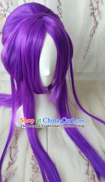 Traditional Chinese Cosplay Princess Purple Long Wigs Sheath Ancient Female Swordsman Chignon for Women