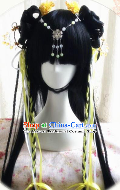 Traditional Chinese Cosplay Peri Princess Long Wigs Sheath Ancient Female Swordsman Chignon for Women