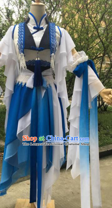 Traditional Chinese Cosplay Female Swordsman Song Ning Blue Dress Ancient Drama Fairy Princess Costumes for Women