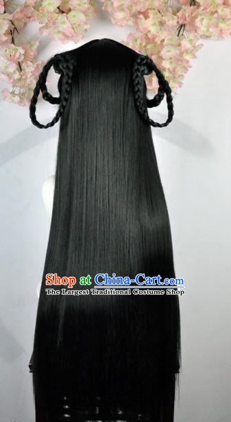 Traditional Chinese Cosplay Swordsman Black Long Wigs Sheath Ancient Goddess Chignon for Women