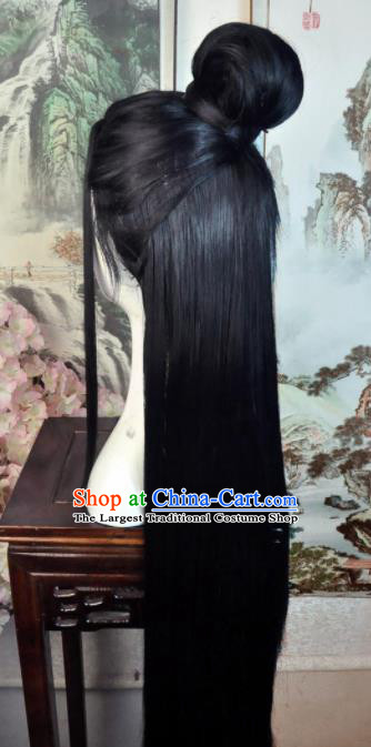 Traditional Chinese Cosplay Taoist Nun Black Long Wigs Sheath Ancient Swordsman Goddess Chignon for Women