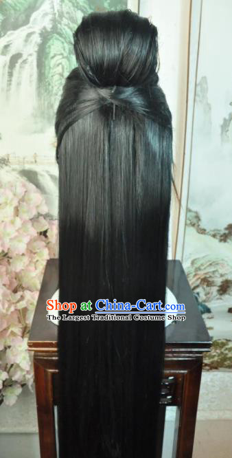 Traditional Chinese Cosplay Taoist Nun Black Long Wigs Sheath Ancient Swordsman Goddess Chignon for Women