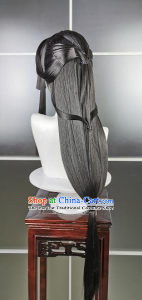 Traditional Chinese Cosplay Taoist Nun Deep Grey Wigs Sheath Ancient Swordsman Goddess Chignon for Women