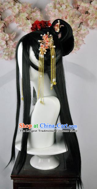 Traditional Chinese Cosplay Imperial Consort Wigs Sheath and Hairpins Ancient Goddess Princess Chignon for Women