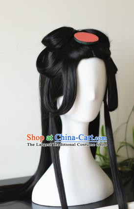Traditional Chinese Cosplay Princess Black Long Wigs Sheath Ancient Female Swordsman Chignon for Women